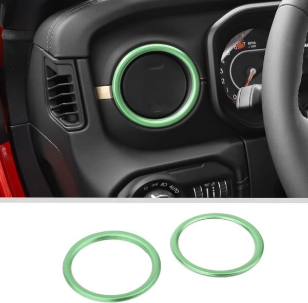 Green aluminum AC vent trim rings, two-piece set and installed view