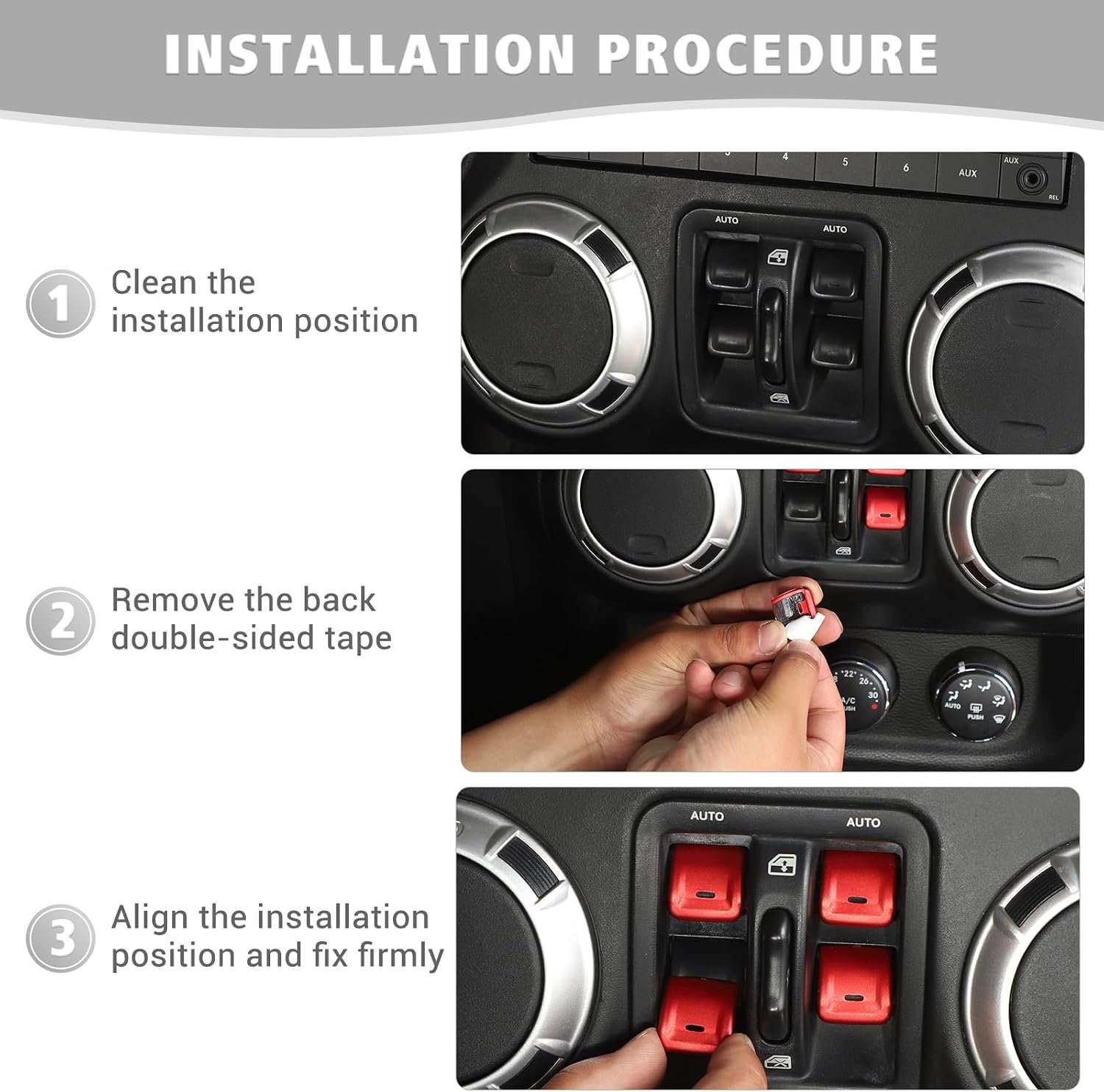 Clean and dry the button faces, peel off the adhesive liner, then align and press each cover into position.