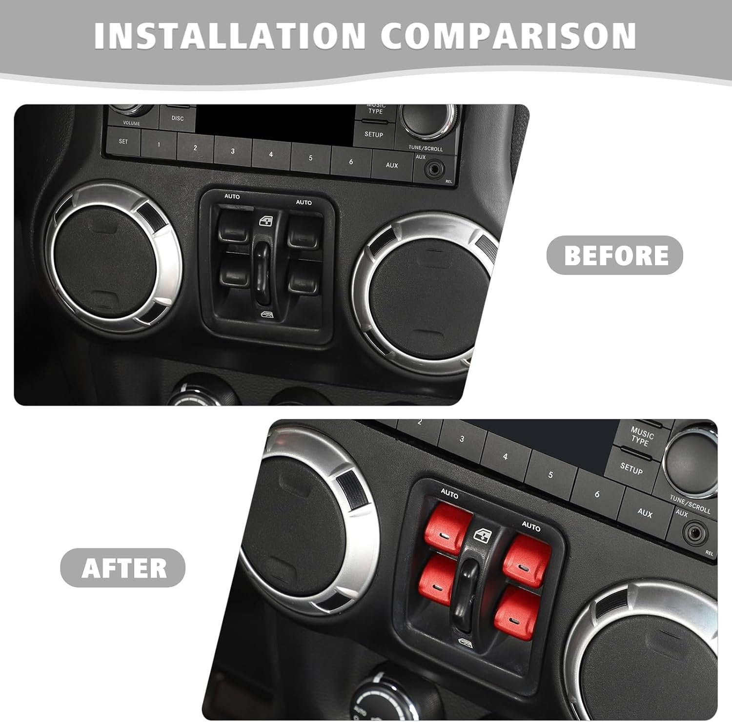 Comparison of the original button faces and the installed red covers.