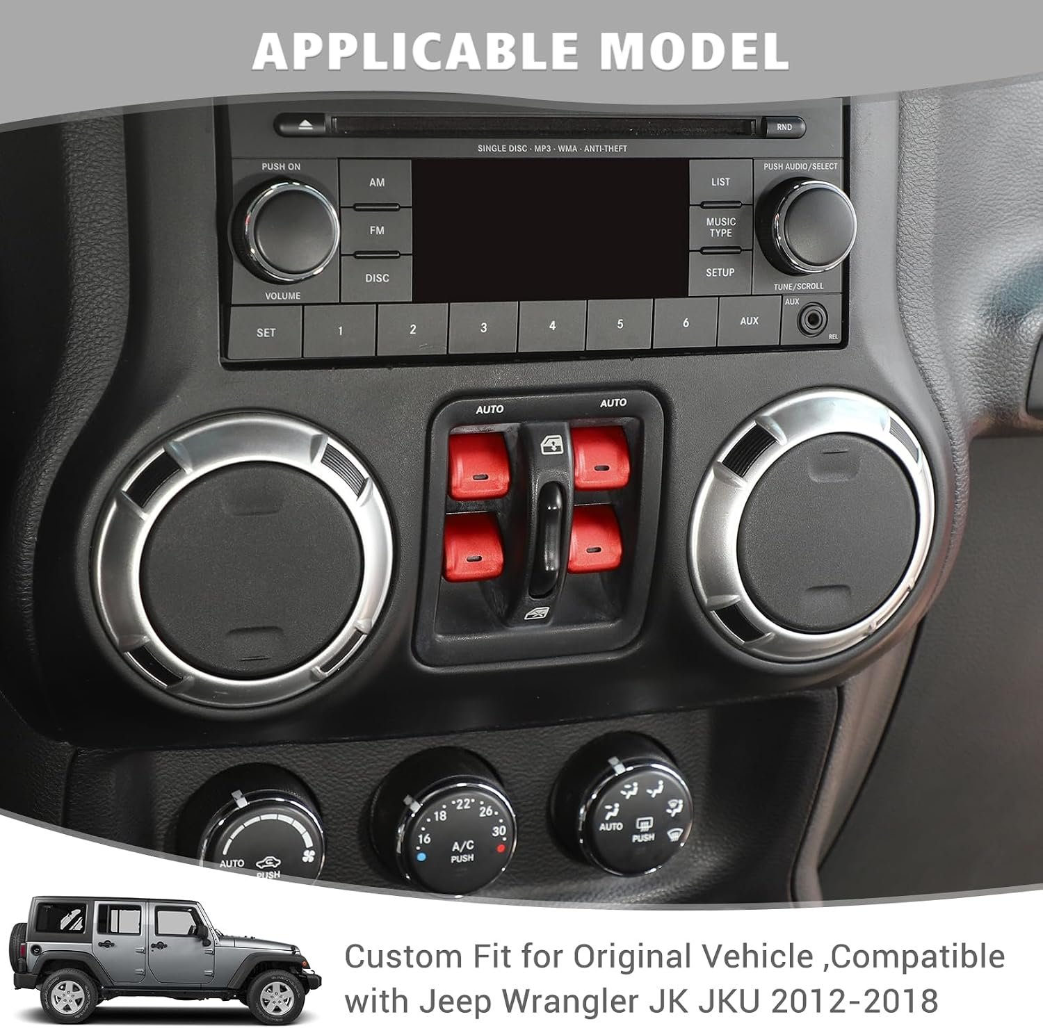 Factory-style JK / JKU window-switch layout for fitment comparison.