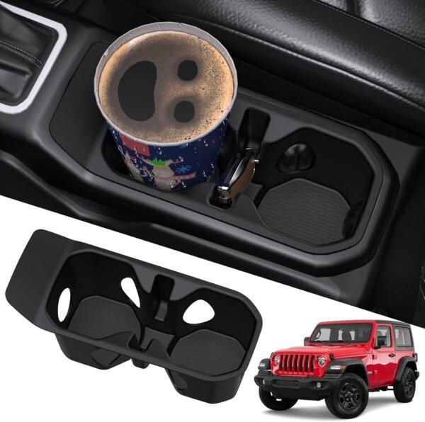 Black silicone cup holder insert — installed view and product