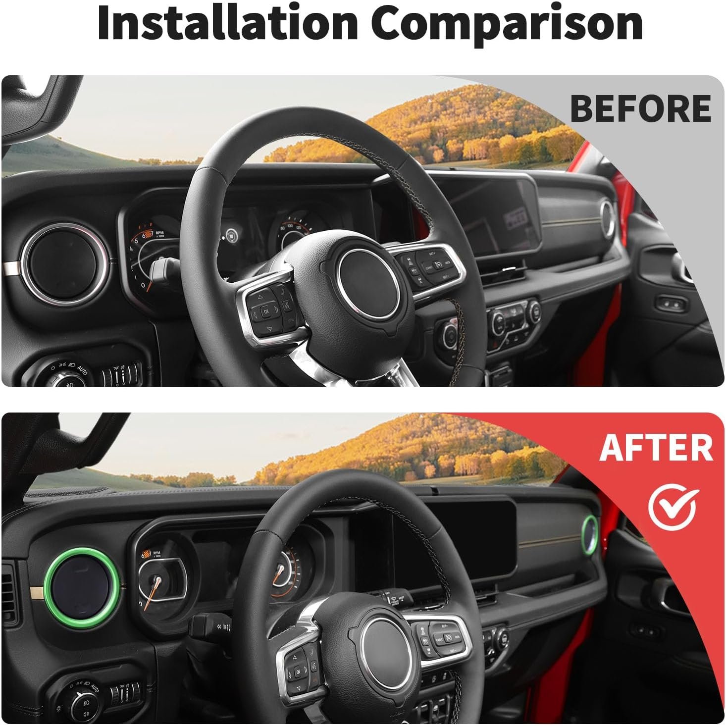 Before and after installation example for the vent trim