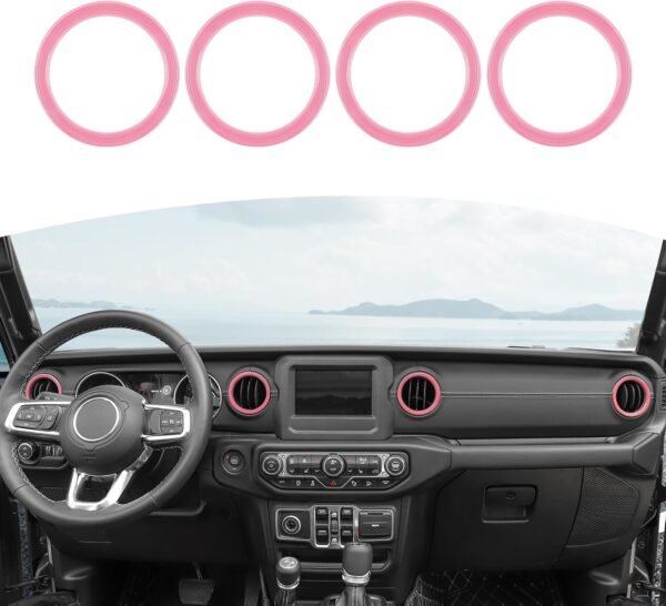 Four pink dashboard AC vent trim covers with installed view for Jeep Wrangler JL and Gladiator JT