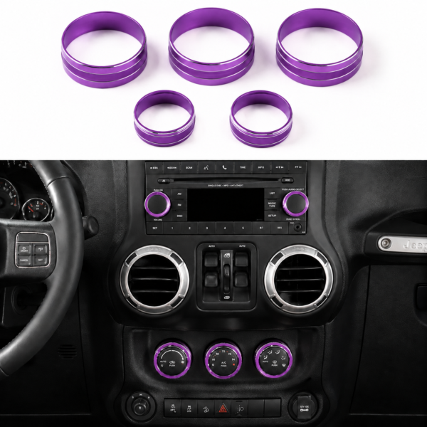 Purple five-piece aluminum AC and radio knob covers for Wrangler JK 2011–2017