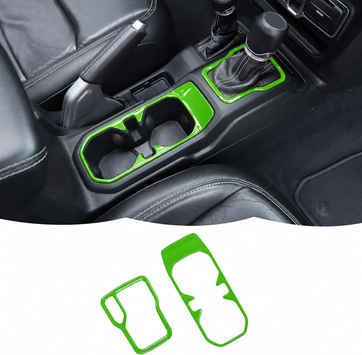 Green two-piece cup holder and gear shift trim for Wrangler JL — digital color preview