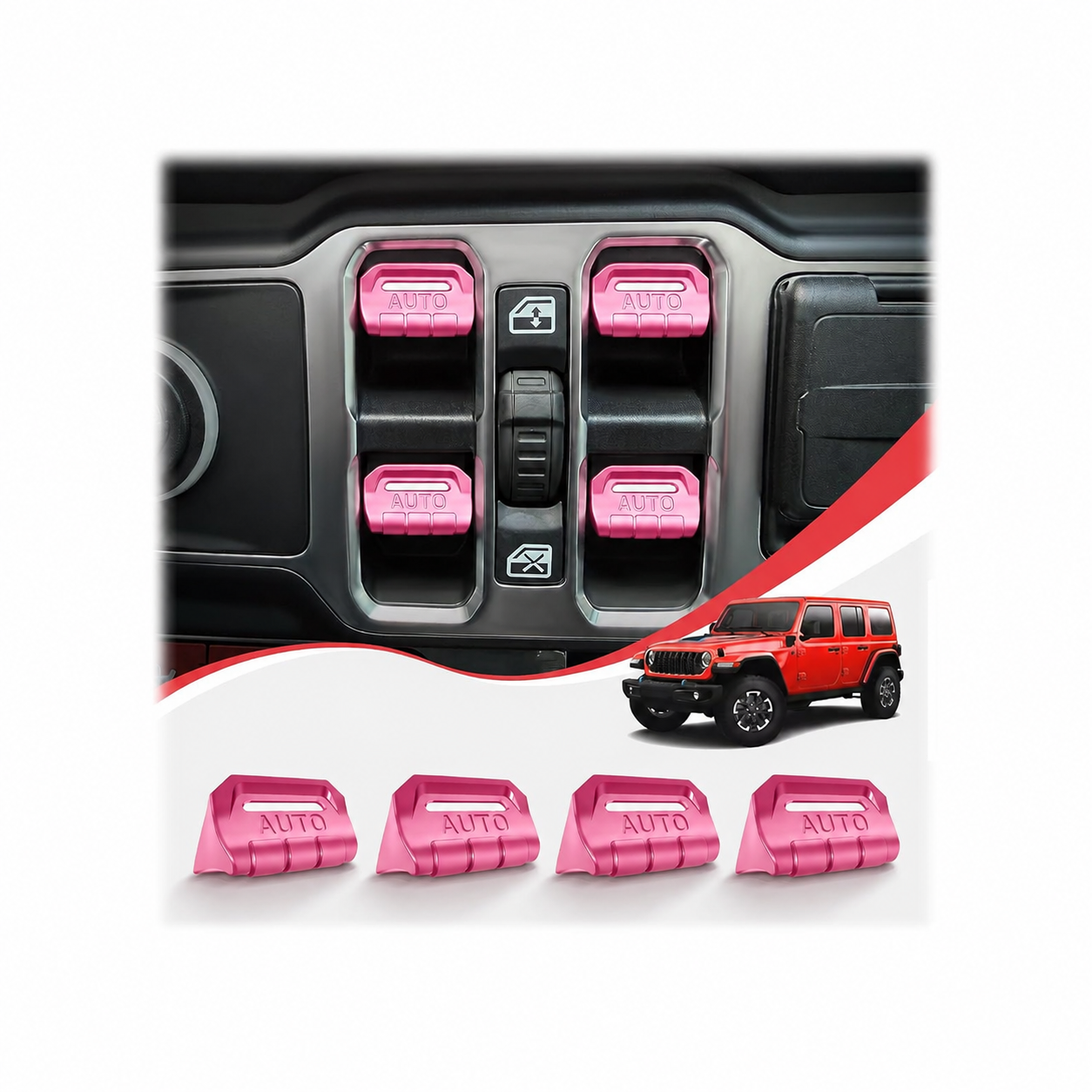 Pink 4-piece metal window switch covers for Jeep Wrangler JL JLU and Gladiator JT