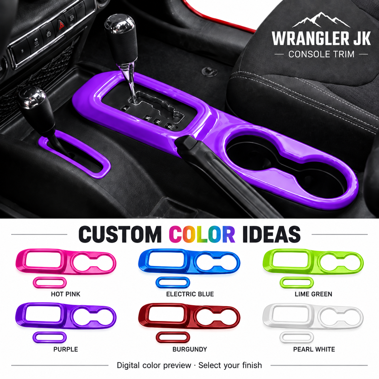 JK/JKU · Shifter & Cup Holder Kit — finish reference