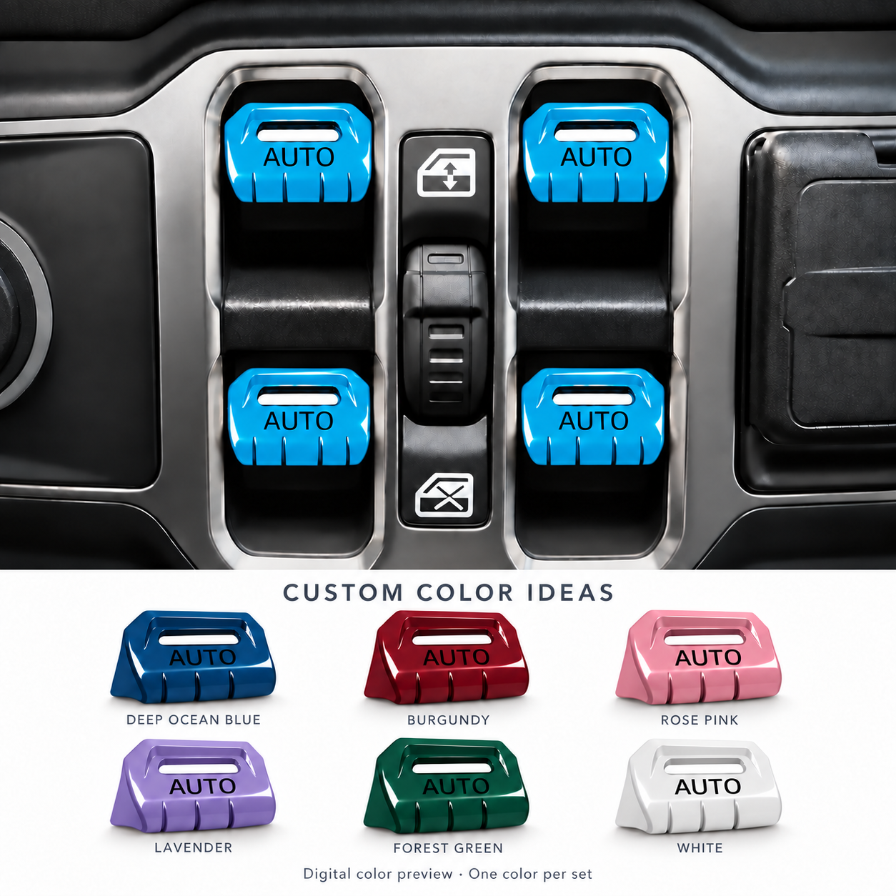 4-Piece Metal Window Switch Covers — Standard & Custom Colors | Wrangler JL/JLU 2018–2026 & Gladiator JT 2020–2026 — installed view and digital custom color samples