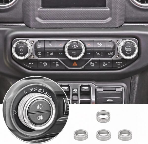Silver regular style AC, radio and headlight knob covers for Jeep Wrangler JL and Gladiator JT, front view
